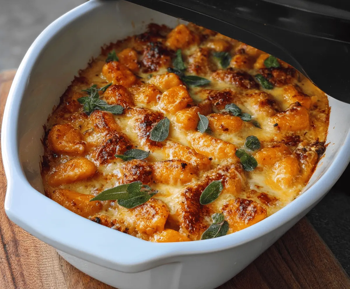 Creamy Pumpkin Gnocchi Bake topped with melted cheese and fresh herbs, served in a baking dish for a comforting fall-inspired meal.