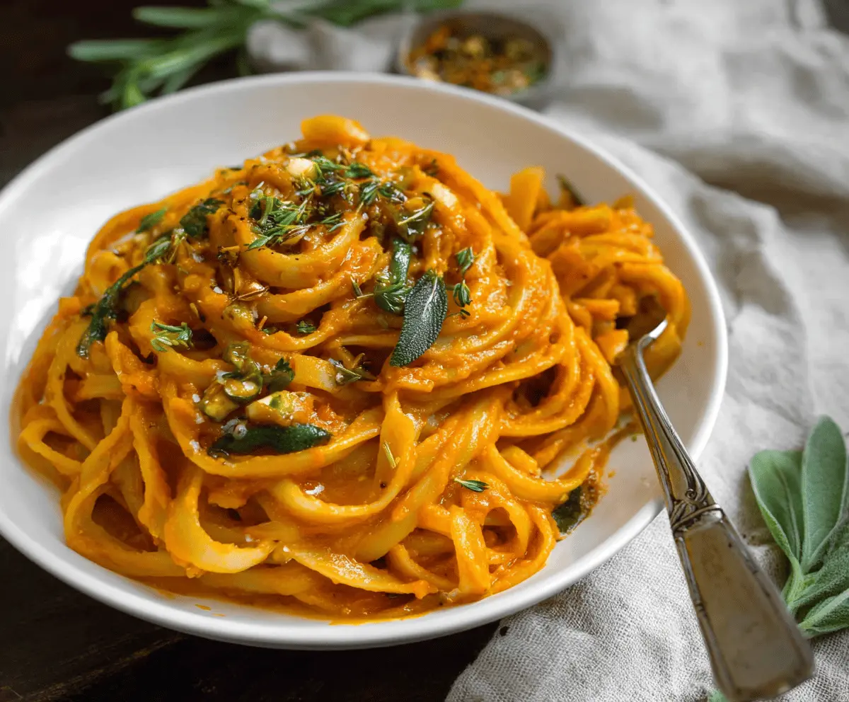 Creamy pumpkin puree pasta sauce topped with fresh herbs and grated cheese, served over al dente pasta for a flavorful fall-inspired meal.