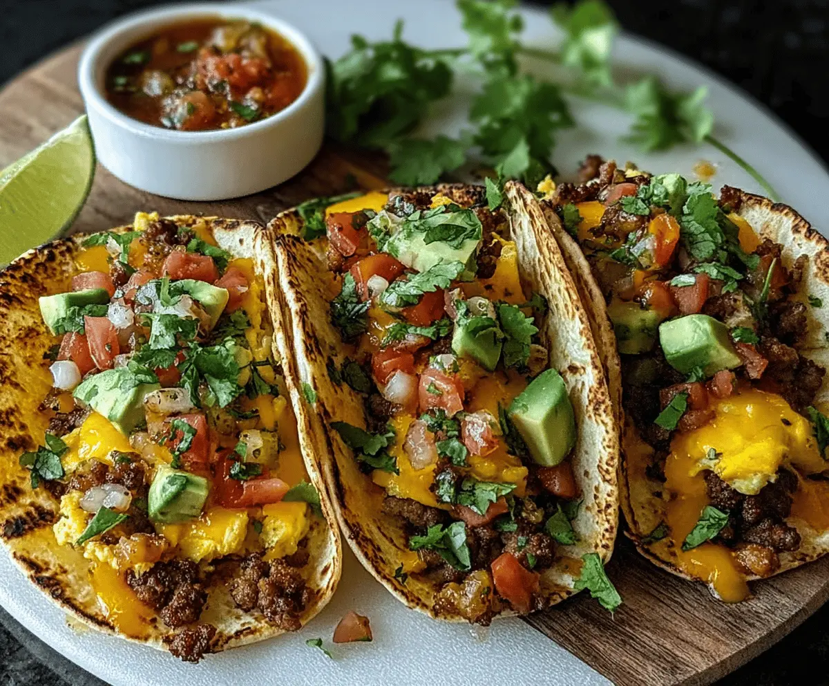 Delicious and easy baked breakfast tacos with scrambled eggs, cheese, and fresh toppings ready to serve.