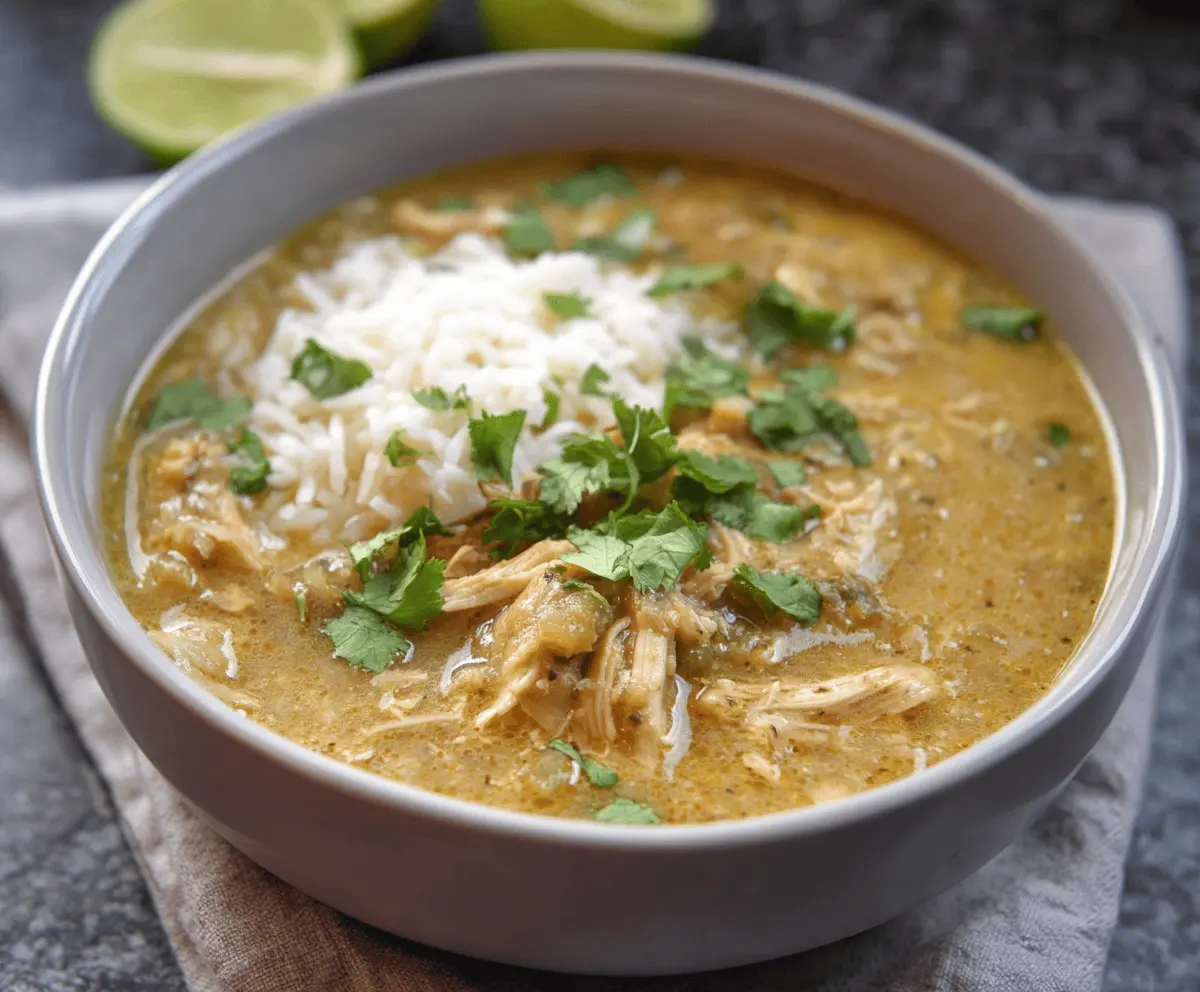 Creamy and flavorful Slow Cooker Chicken Chili Verde with tender shredded chicken, fresh green chilies, and herbs in a vibrant green sauce.