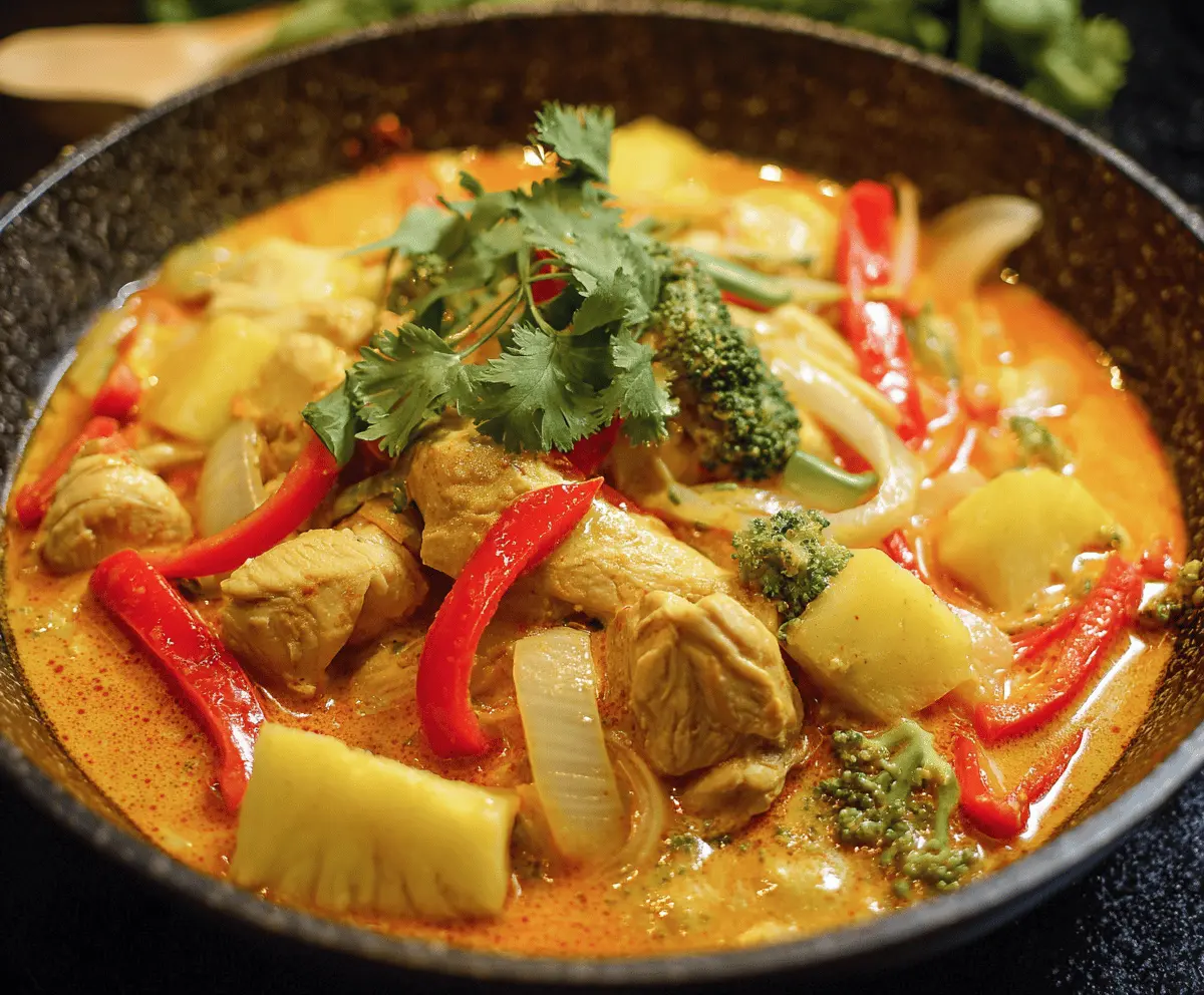 Delicious Thai Chicken Pineapple Curry served in a bowl with colorful vegetables and fresh herbs, perfect for a flavorful Asian-inspired meal.