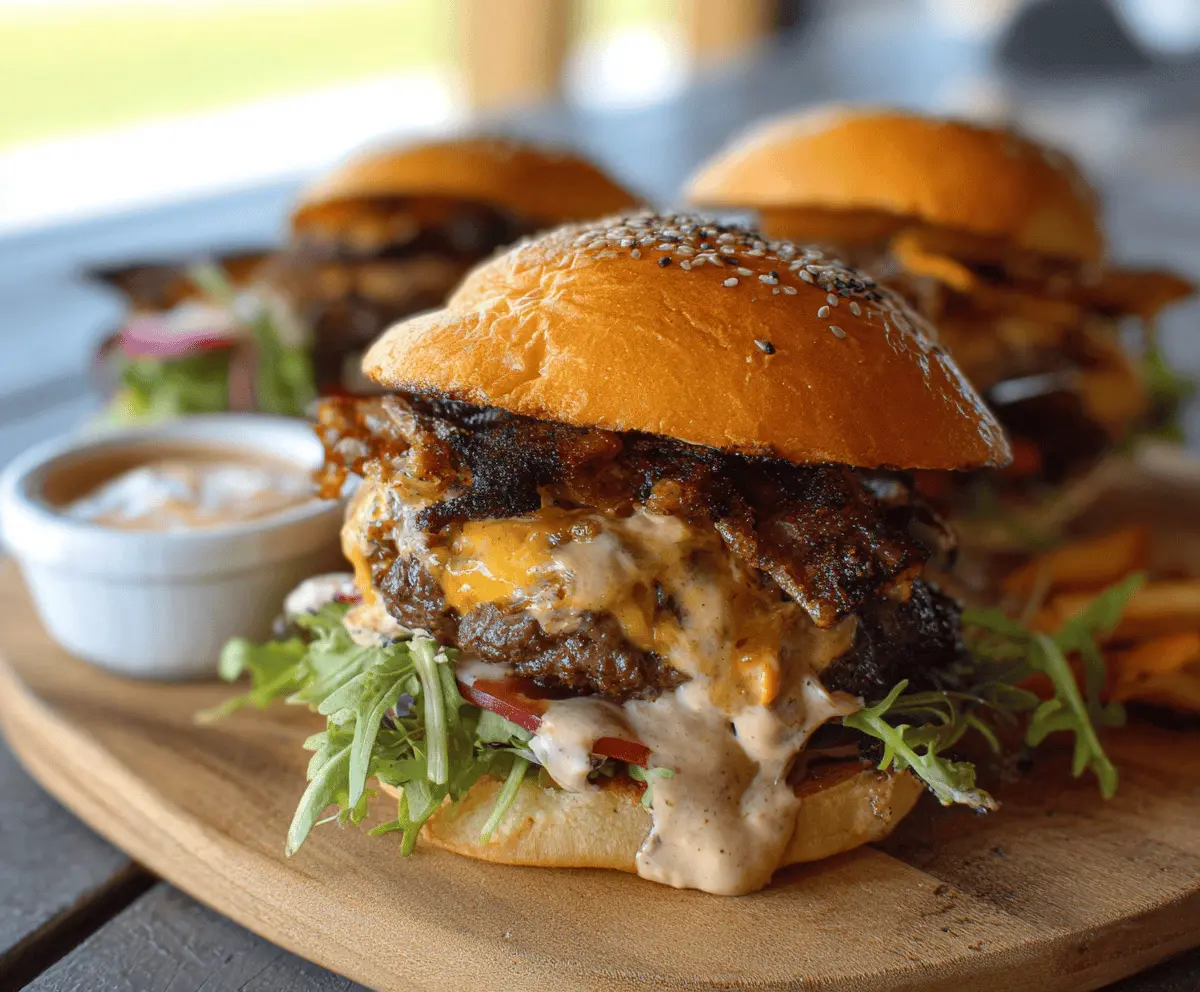 Delicious Thrilled Foodie Smash Burgers topped with melted cheese, fresh lettuce, tomatoes, and pickles served on toasted buns