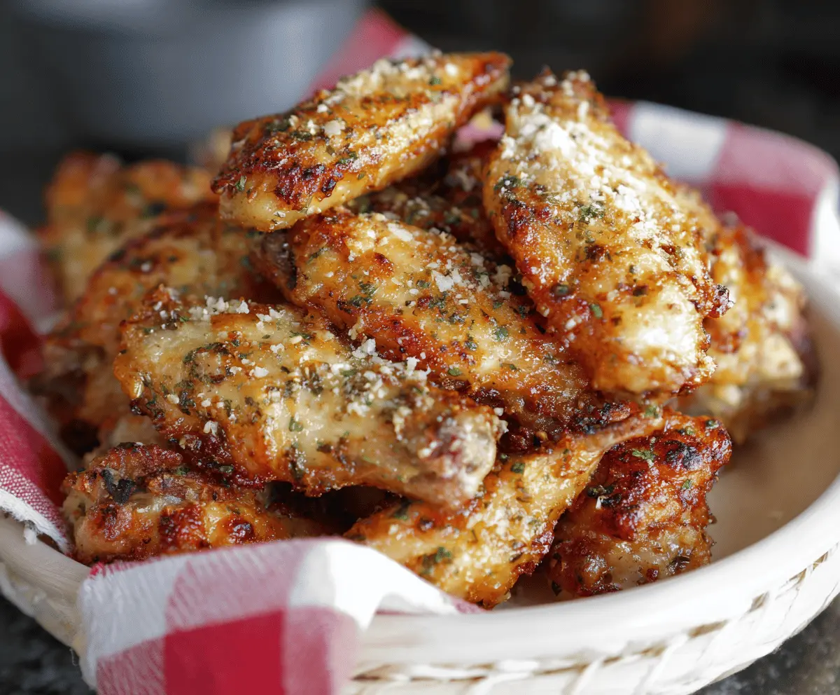 Delicious crispy Air Fryer Buttery Parmesan Garlic Wings served on a plate with herbs, perfect for snack or dinner