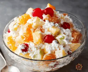 Colorful ambrosia salad with whipped cream, marshmallows, pineapple, and maraschino cherries in a glass bowl