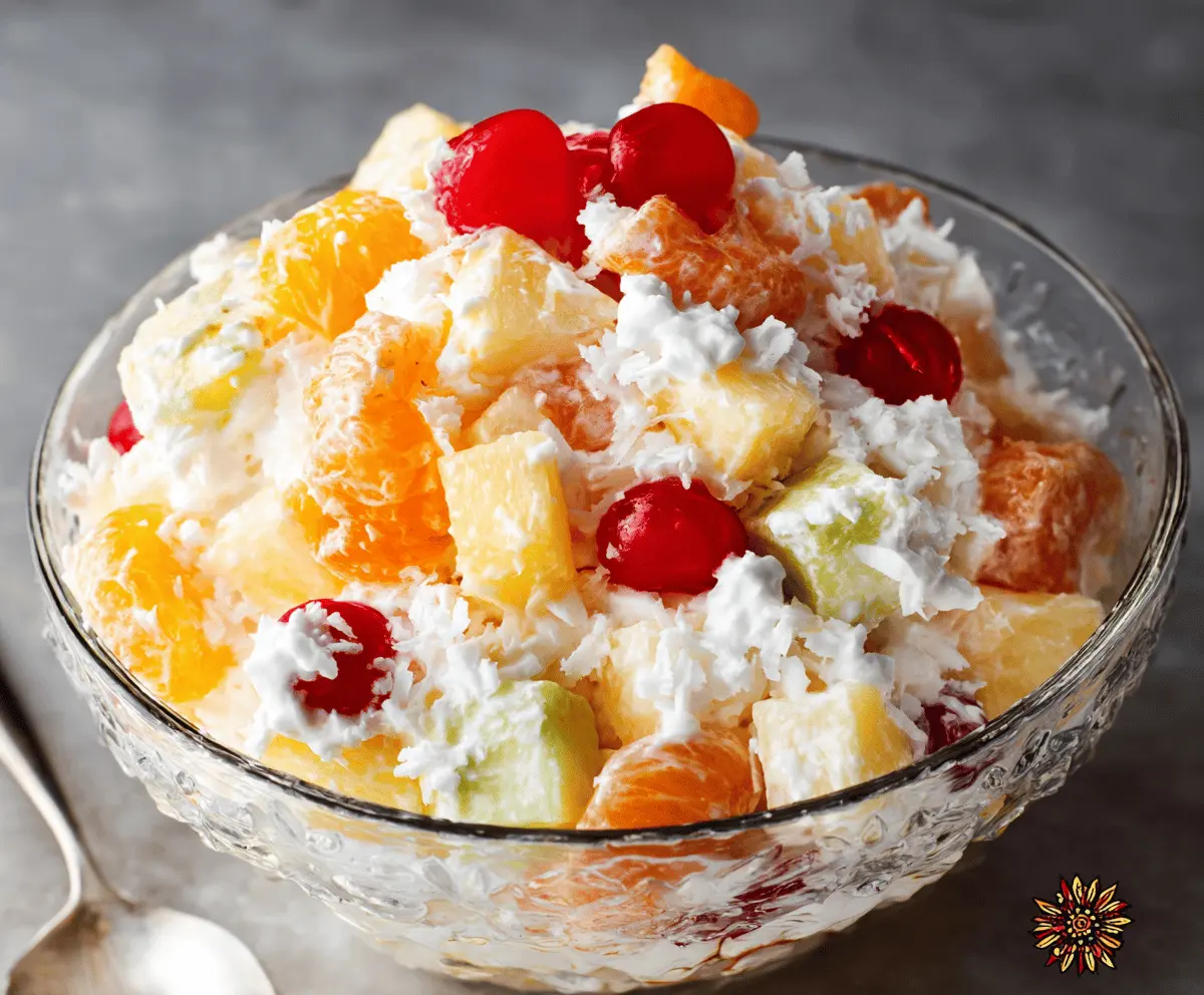 Colorful ambrosia salad with whipped cream, marshmallows, pineapple, and maraschino cherries in a glass bowl