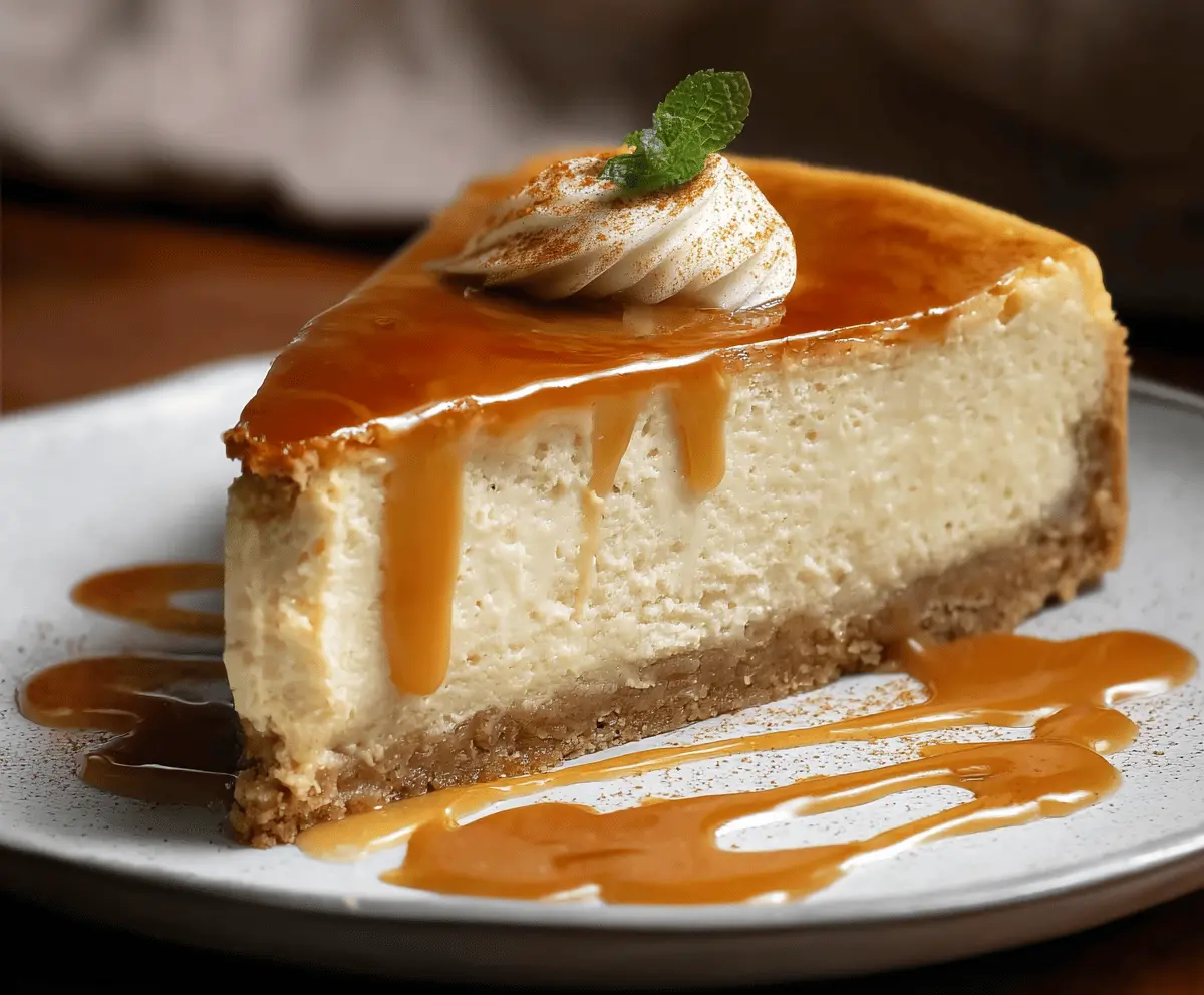 Creamy apple cider cheesecake topped with caramelized apple slices and cinnamon, perfect for fall desserts.