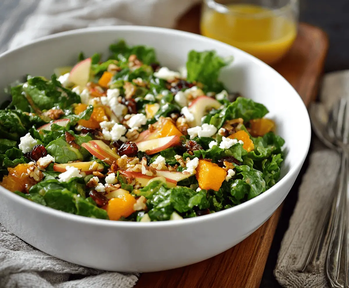Fresh autumn salad with mixed greens, sliced apples, nuts, and apple cider vinaigrette in a bowl, perfect for fall-inspired meals.
