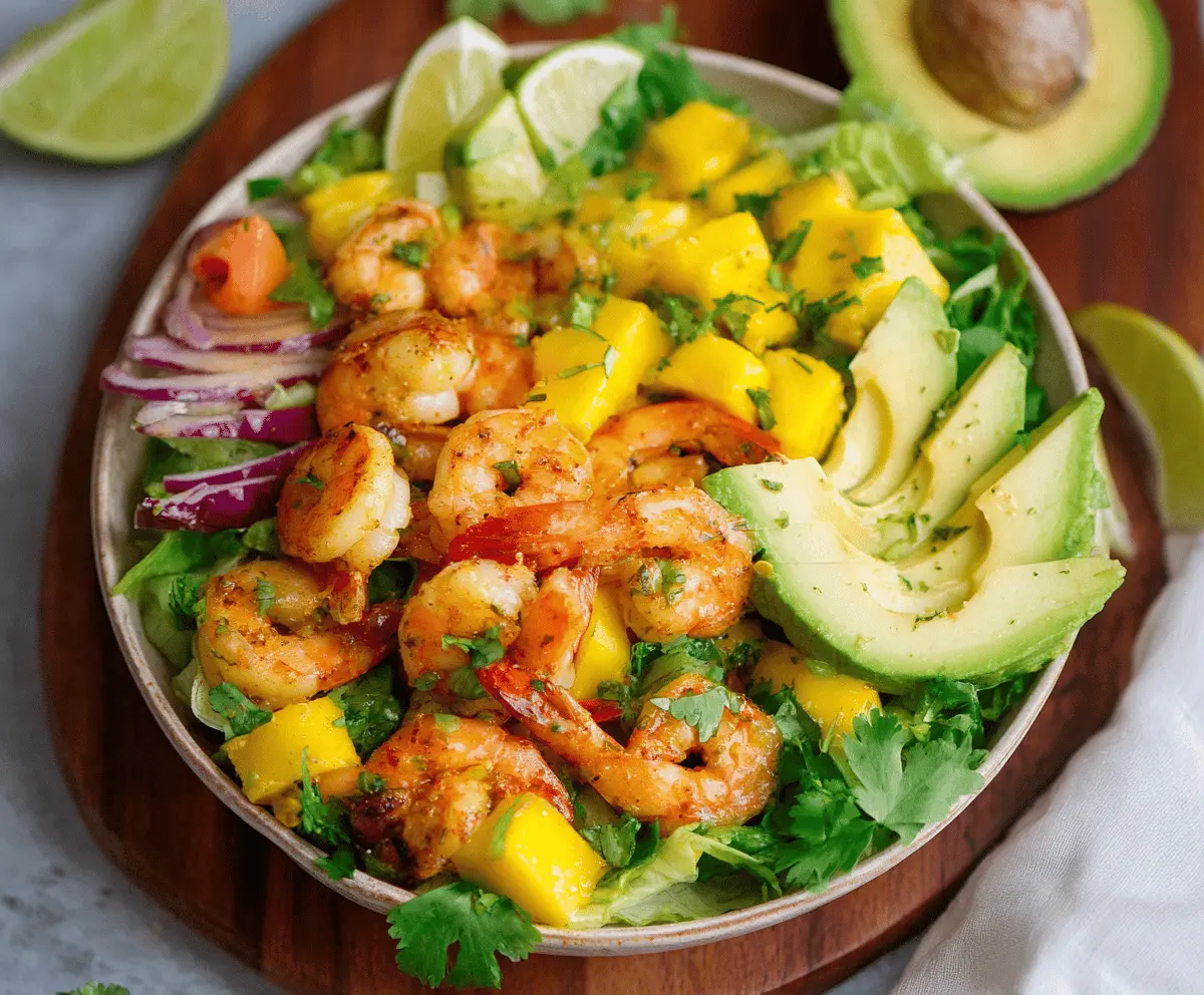 Fresh avocado, ripe mango, and cooked shrimp salad garnished with herbs on a white plate, perfect for a healthy, tropical-inspired meal.