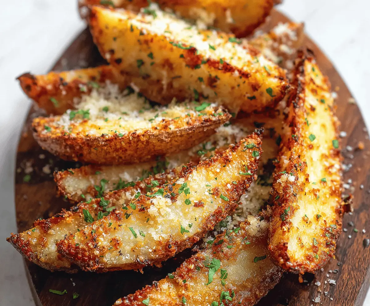 Golden baked garlic Parmesan potato wedges served on a plate, crispy on the outside and tender inside, topped with fresh herbs for a delicious appetizer or side dish.