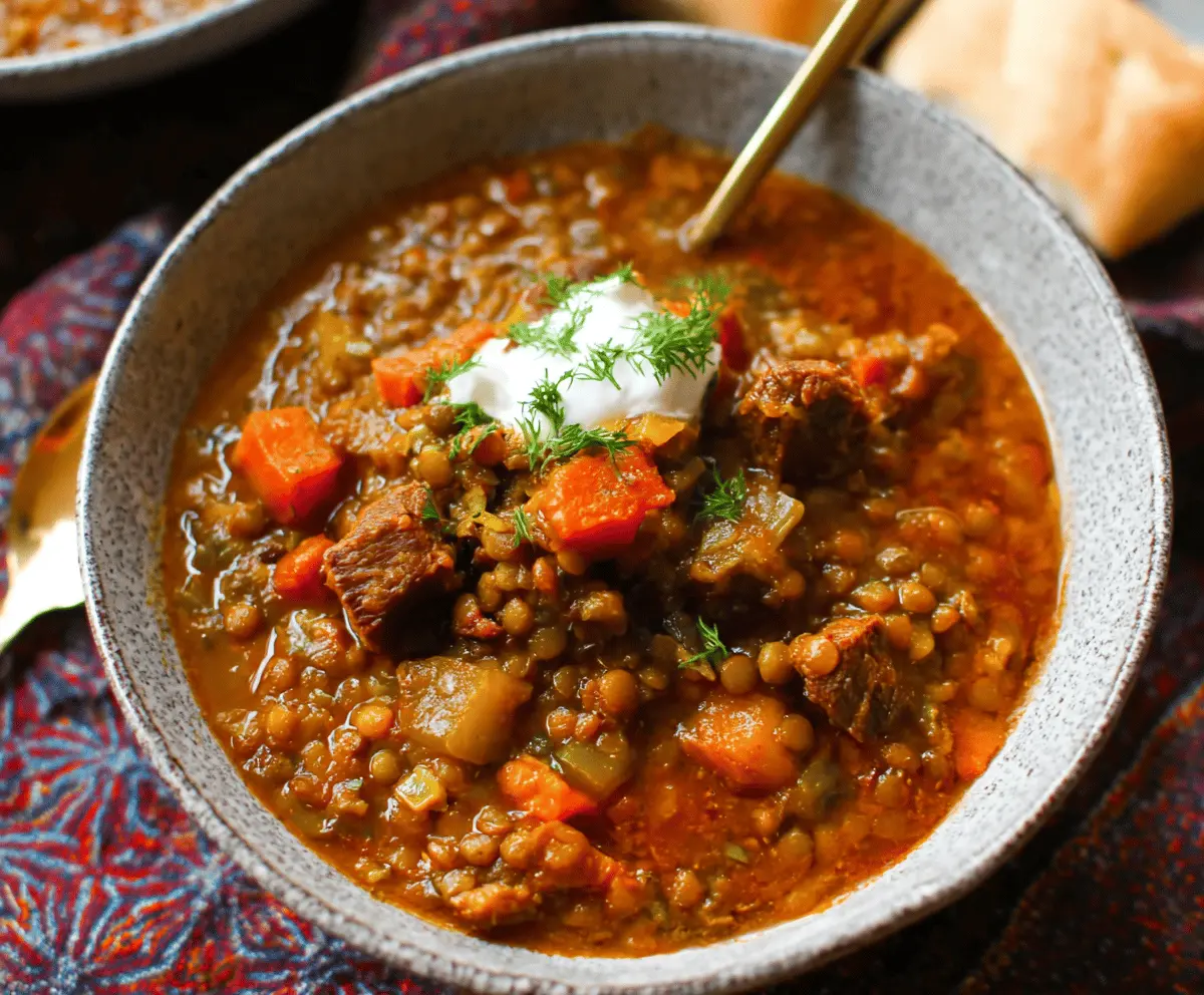 Hearty beef and lentil stew in a rustic bowl topped with fresh herbs, served with crusty bread on a wooden table.