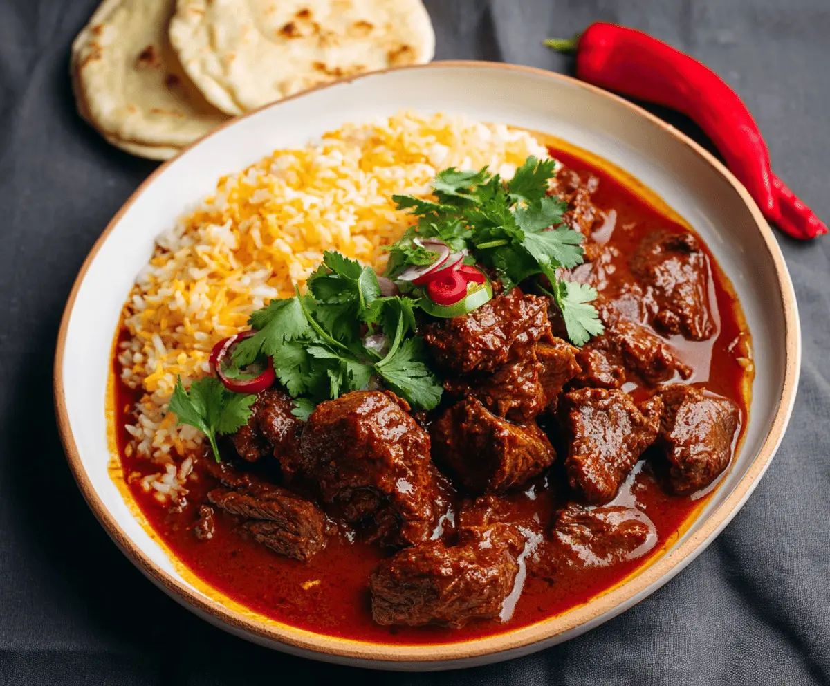 Savory Beef Chile Colorado served with tender chunks of beef in a rich red chili sauce, garnished with fresh cilantro and served with rice