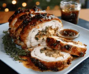 Delicious Christmas stuffed turkey breast with herbs and seasoning, perfect for holiday dinner.