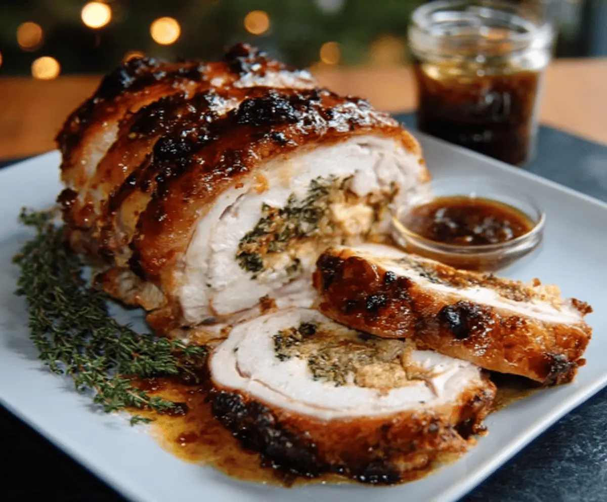 Delicious Christmas stuffed turkey breast with herbs and seasoning, perfect for holiday dinner.