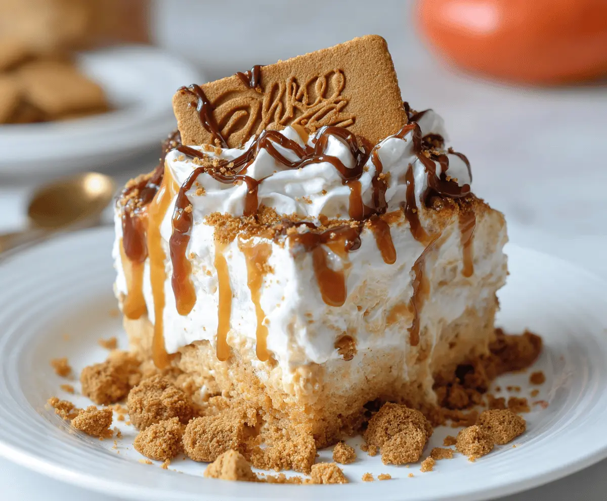 Delicious Biscoff Poke Cake topped with whipped cream and caramel sauce, ready to serve