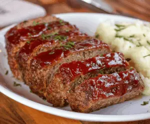 Delicious Boston Market-style meatloaf served with gravy and fresh vegetables