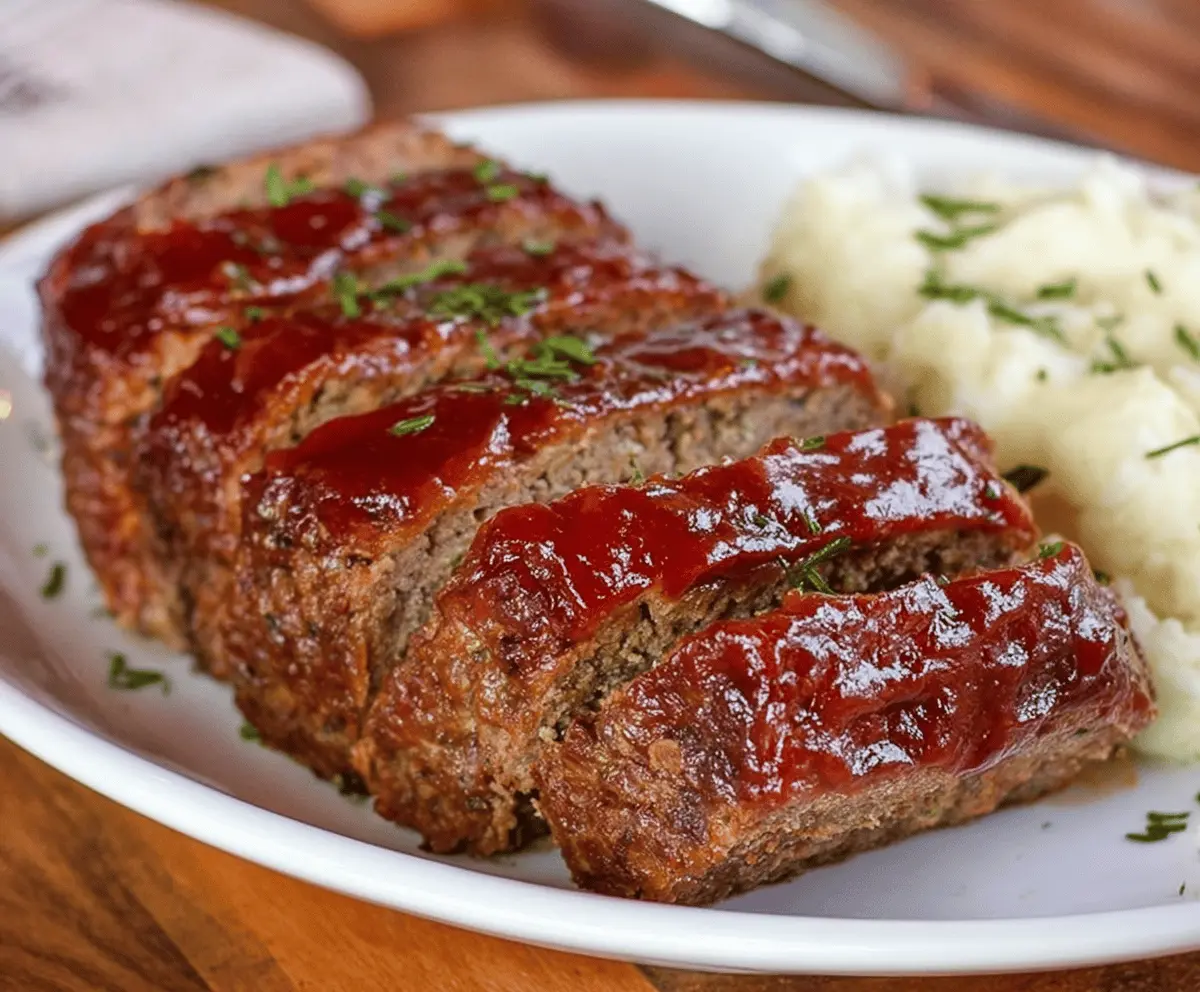 Delicious Boston Market-style meatloaf served with gravy and fresh vegetables