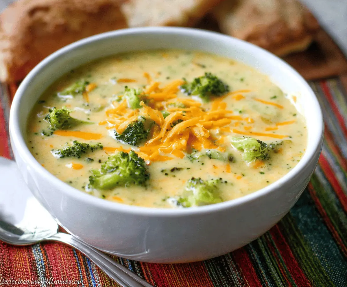 Creamy broccoli cheddar soup in a bowl garnished with fresh broccoli florets and shredded cheddar cheese, served with crusty bread on a rustic table.