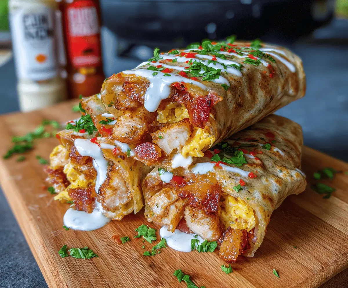 Delicious Cajun Chicken Bacon Ranch Egg Wraps with crispy bacon, spicy Cajun-seasoned chicken, fresh vegetables, and creamy ranch sauce in a warm wrap