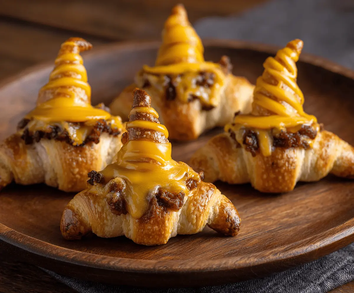 Delicious cheesy witch hat-shaped crescent rolls garnished with shredded cheese, perfect for Halloween parties and festive treats.