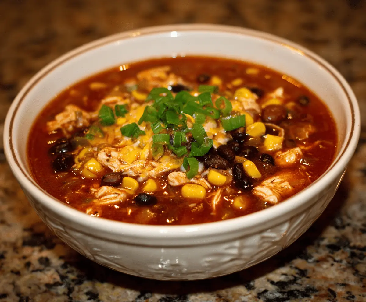 Hearty Chicken Chili with Black Beans, Corn, and Spices in a rustic bowl on a wooden table