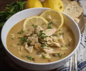 Delicious Chicken Piccata Soup with tender chicken, lemon, capers, and fresh herbs in a savory broth
