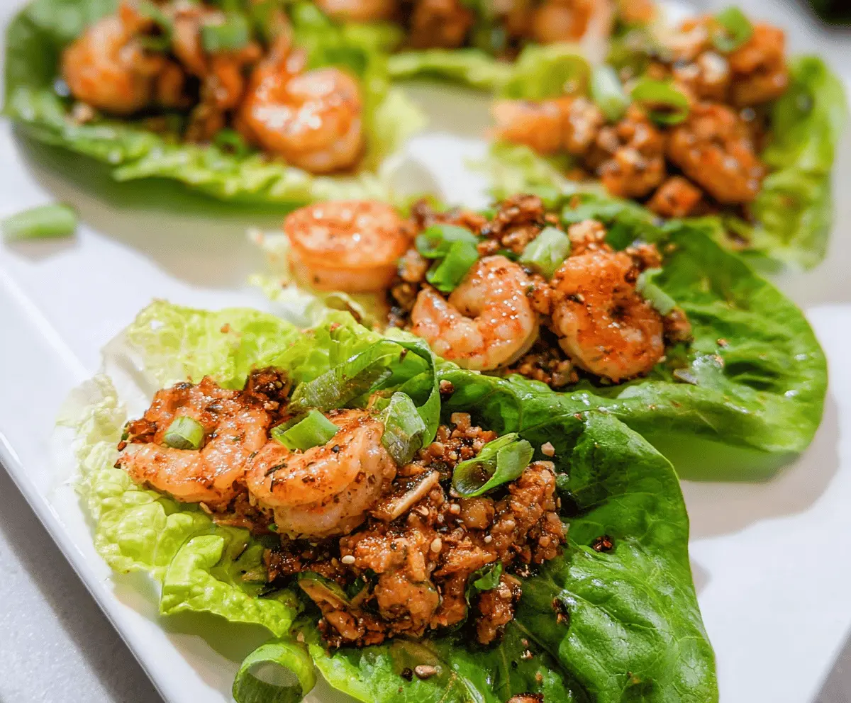 Delicious chicken and shrimp lettuce wraps garnished with fresh herbs, perfect for a healthy appetizer or light meal.