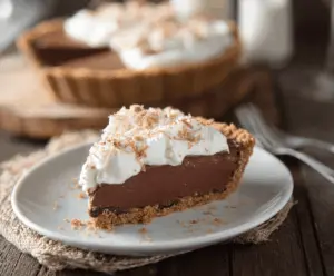 Delicious chocolate pudding pie topped with whipped cream and chocolate shavings, served on a white plate with a fork, perfect for dessert.