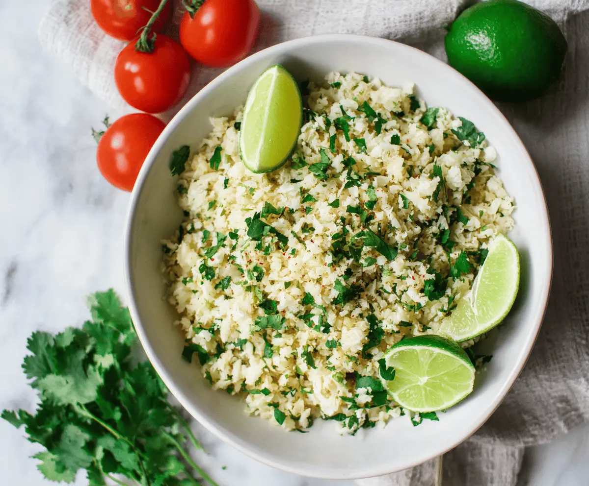Fresh cilantro and lime-flavored cauliflower rice served in a white bowl, garnished with chopped cilantro and lime wedges, healthy low-carb vegetarian side dish.