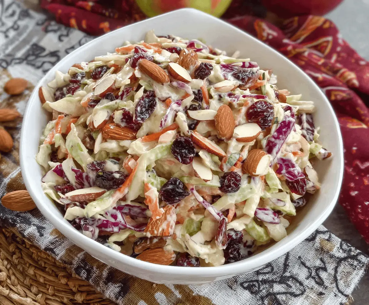 Colorful Cranberry Almond Thanksgiving Slaw topped with fresh greens, served with tangy Apple Cider Vinaigrette dressing