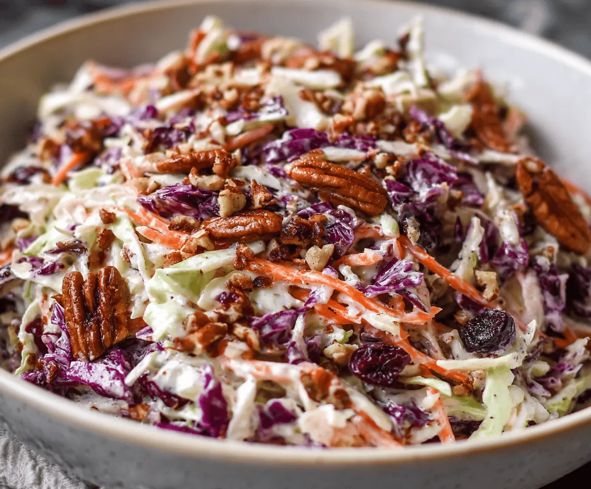 Colorful cranberry coleslaw with toasted pecans and fresh greens, perfect for a festive holiday side dish.