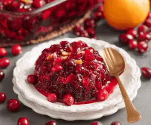 Festive Cranberry Jello Salad served in a glass bowl with fresh cranberries and mint garnish.