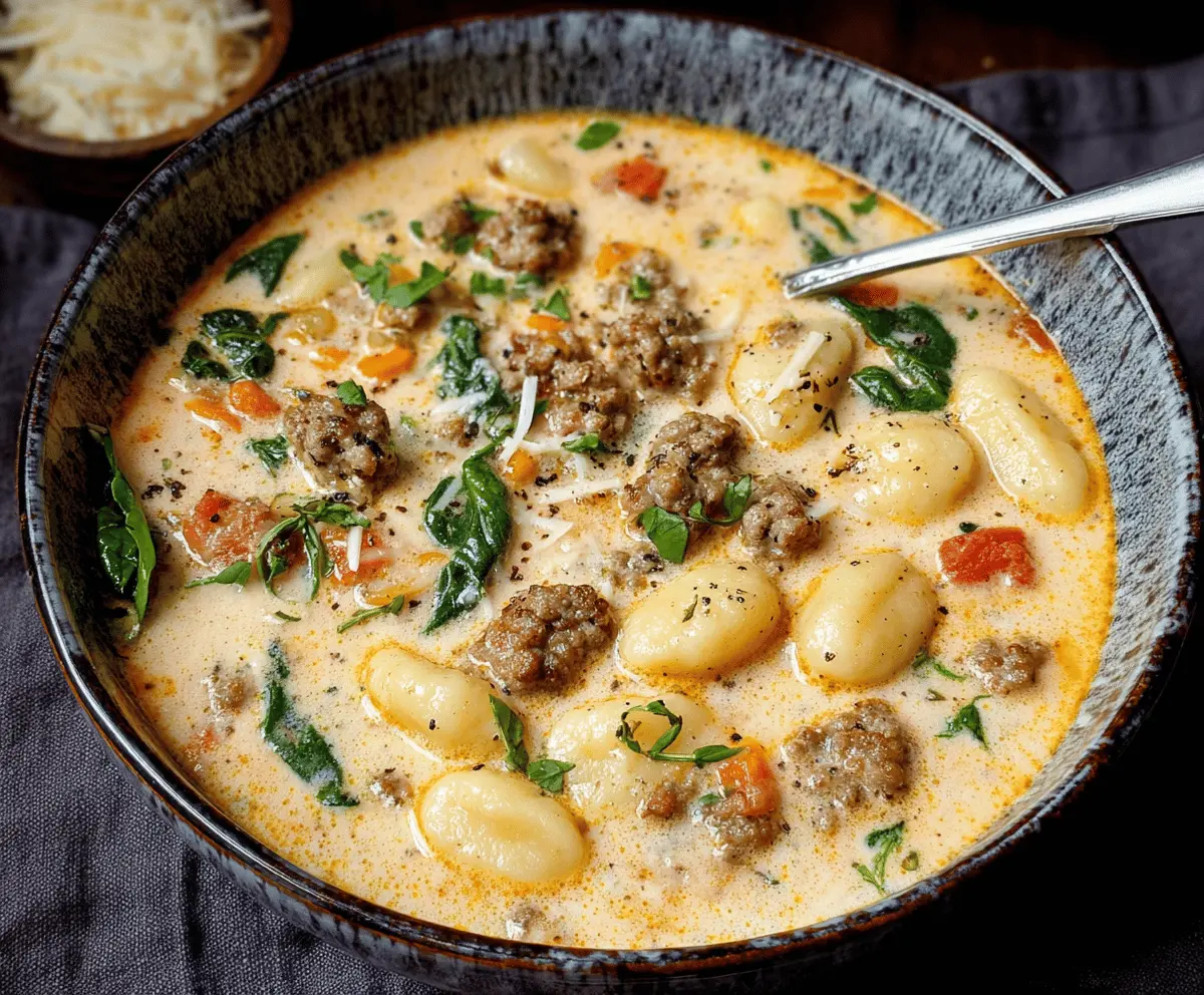 Creamy Italian Sausage Gnocchi Soup in a bowl with sausage, gnocchi, spinach, and creamy broth, perfect for a hearty meal