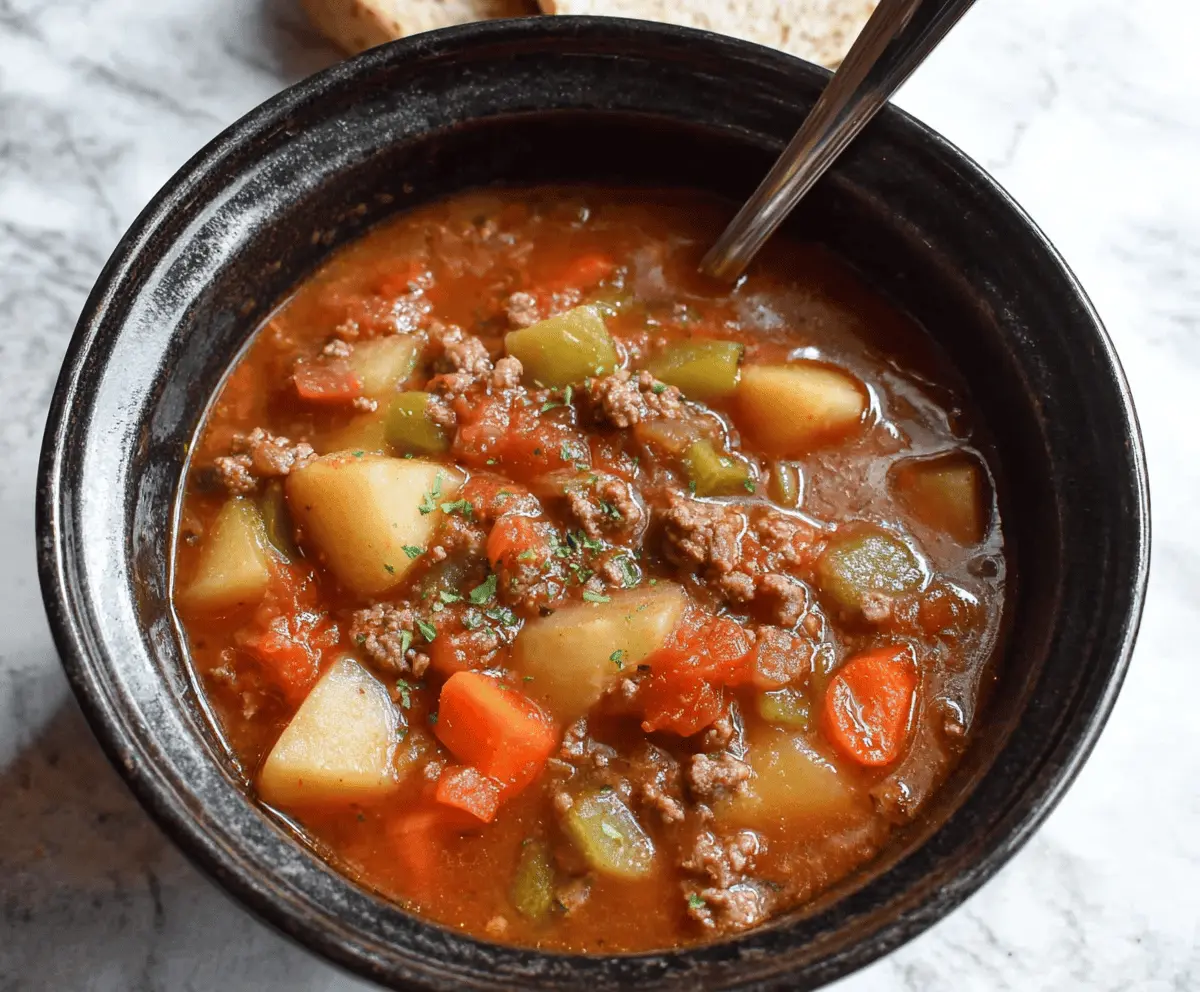 Delicious homemade Crock Pot Hamburger Stew with tender beef, vegetables, and savory broth in a slow cooker