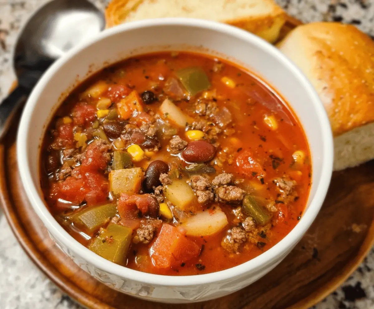 Delicious Crockpot Smoky Cowboy Soup with Ground Beef, hearty vegetables, and smoky flavors in a bowl