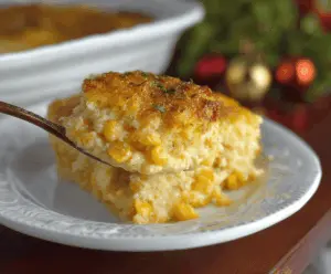Creamy corn casserole dish topped with melted cheese, perfect for Thanksgiving dinner, easy and delicious side recipe