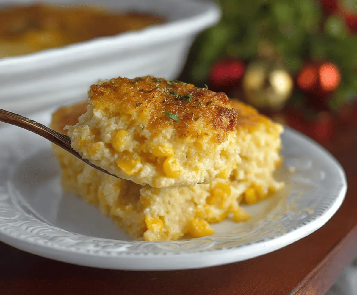 Creamy corn casserole dish topped with melted cheese, perfect for Thanksgiving dinner, easy and delicious side recipe