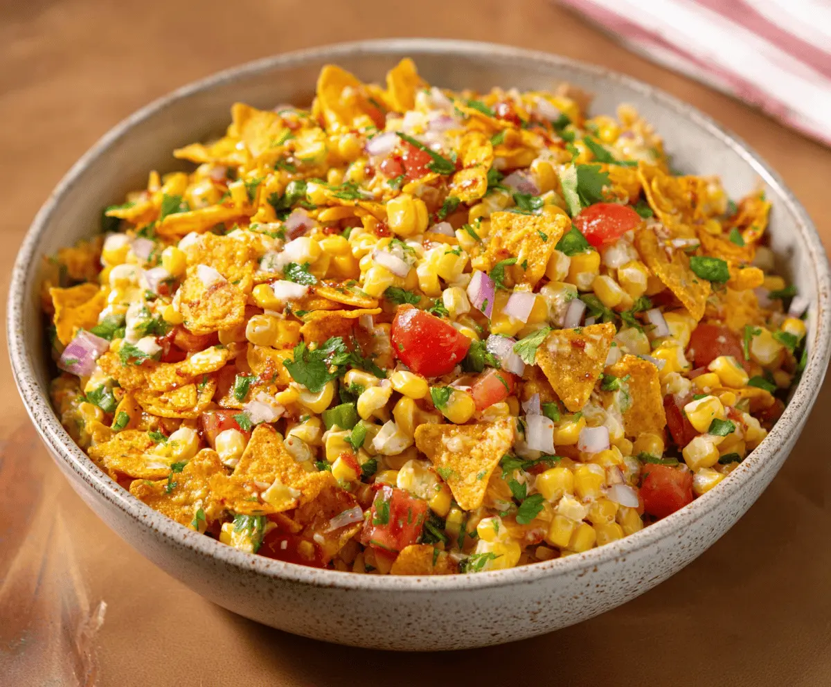 Creamy Frito Corn Salad with colorful vegetables and crispy Fritos, perfect for a quick and easy side dish recipe.