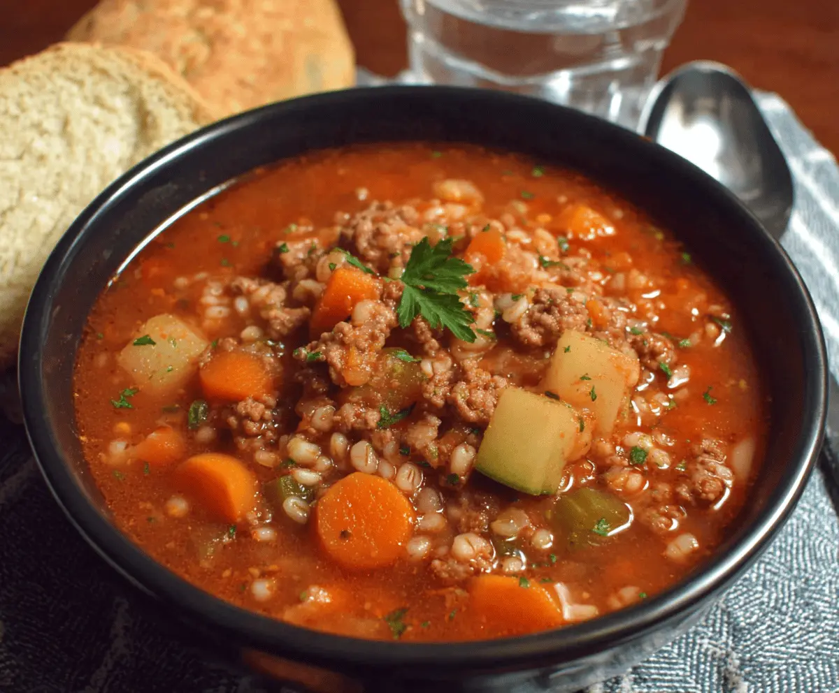 A bowl of hearty Easy Ground Beef and Barley Soup garnished with fresh herbs, showcasing tender ground beef, pearl barley, and colorful vegetables in a flavorful broth.