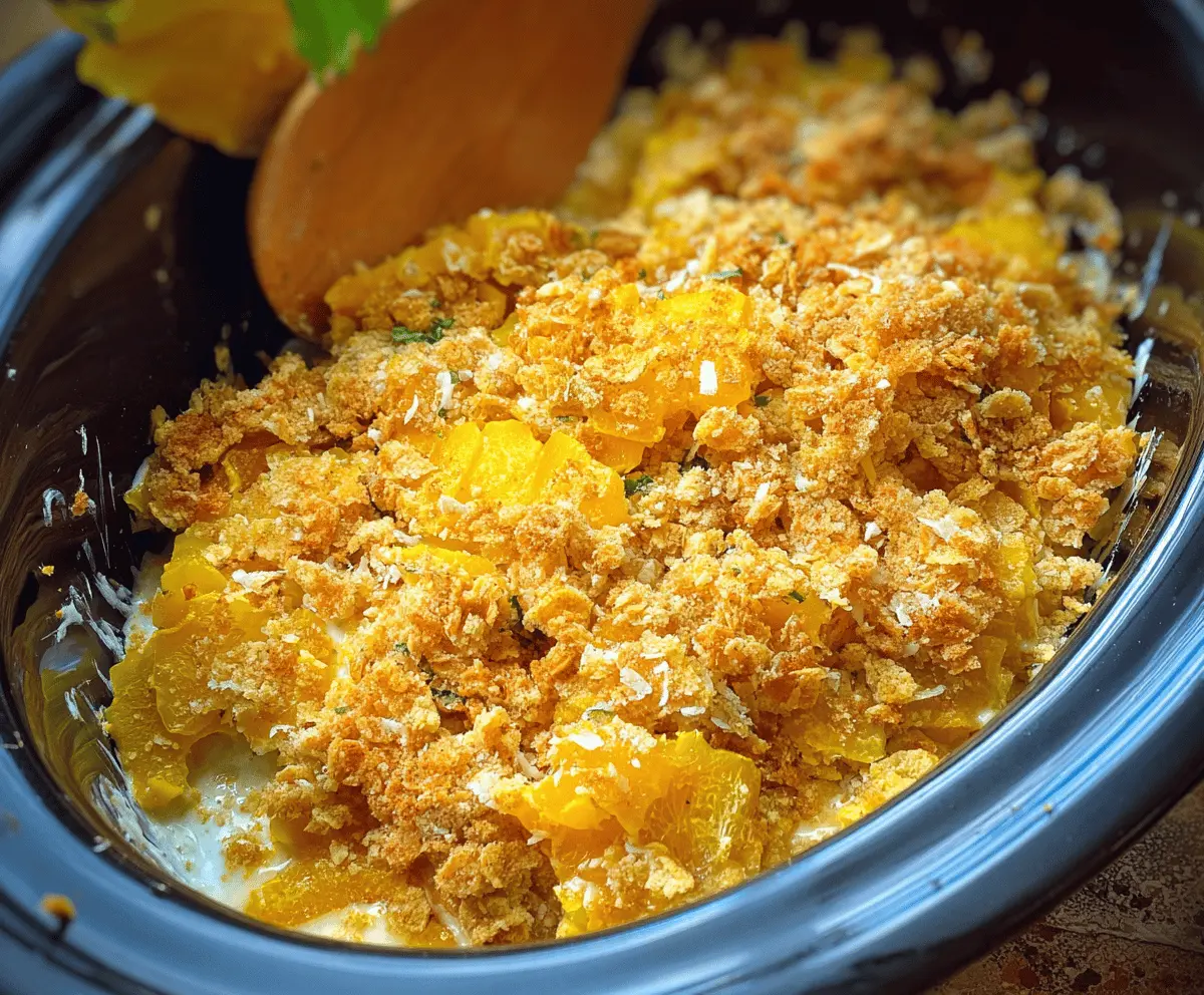 Delicious easy slow cooker squash casserole topped with buttery Ritz crackers, perfect for a comforting, flavorful side dish