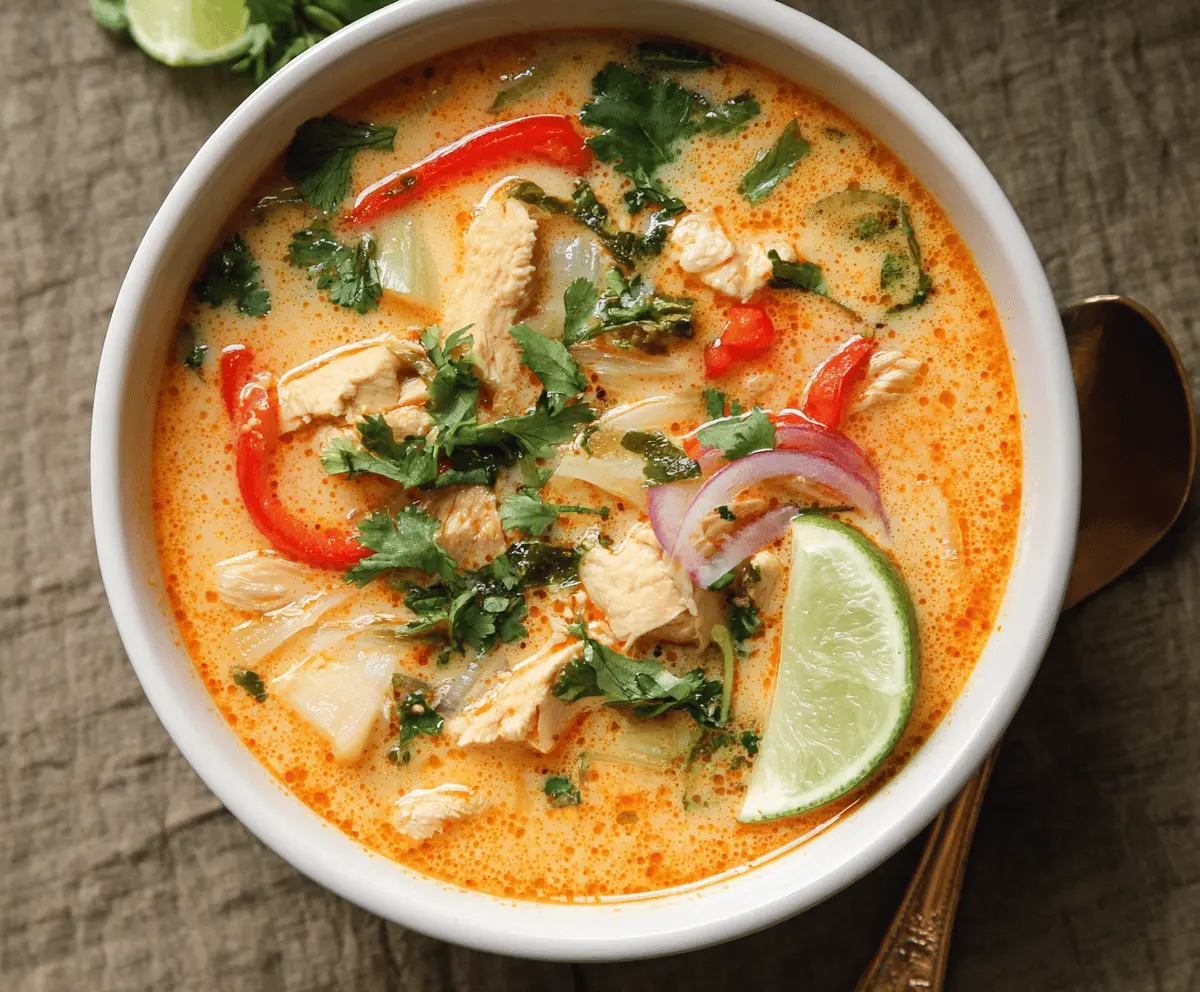 Creamy Thai Coconut Chicken Soup with tender chicken, fresh herbs, and vibrant vegetables in a fragrant coconut broth