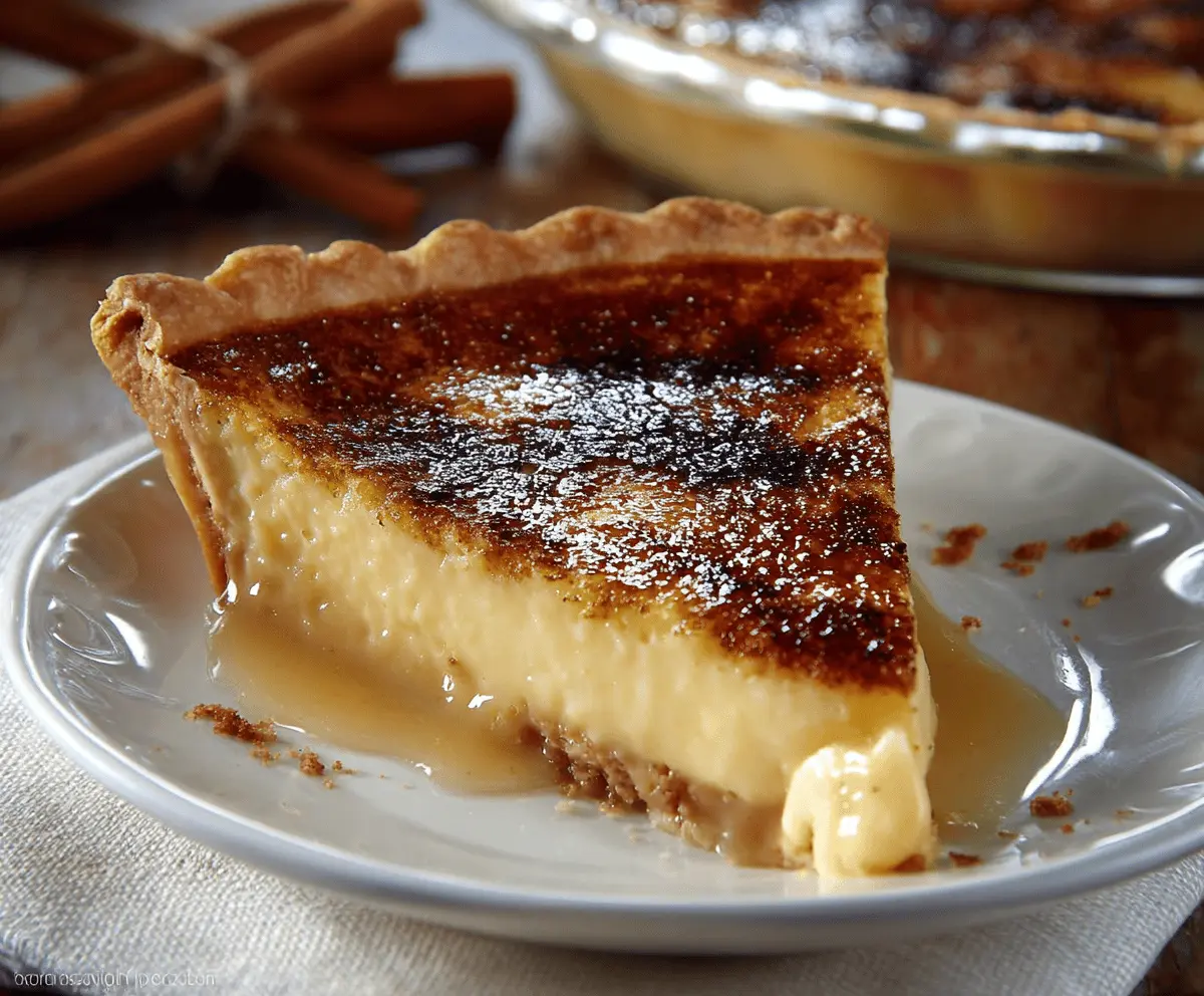 Delicious Eggnog Brulee Pie topped with caramelized sugar and whipped cream, perfect for the holiday season.