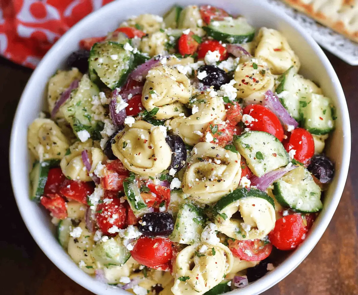 Colorful Greek Tortellini Pasta Salad with fresh vegetables, feta cheese, and herbs in a bowl, perfect for a refreshing summer appetizer.