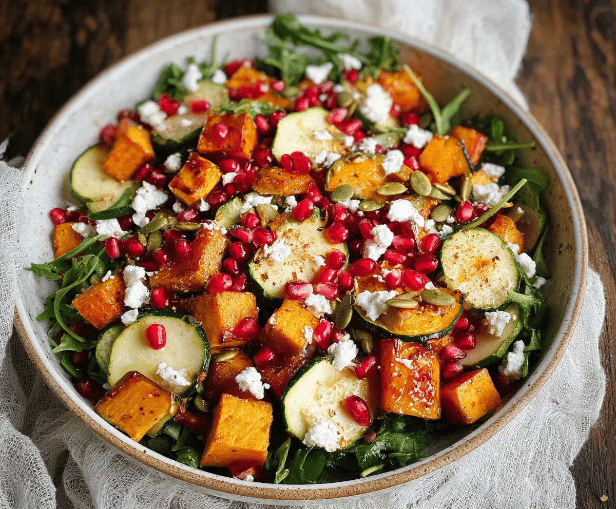 Colorful healthy fall harvest salad with mixed greens, roasted butternut squash, cranberries, walnuts, and feta cheese, perfect for a nutritious autumn meal.