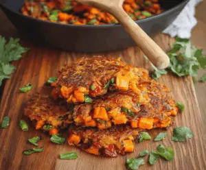Golden brown healthy sweet potato hash browns served on a plate, featuring crispy edges and a fresh herb garnish, perfect for a nutritious breakfast or snack.