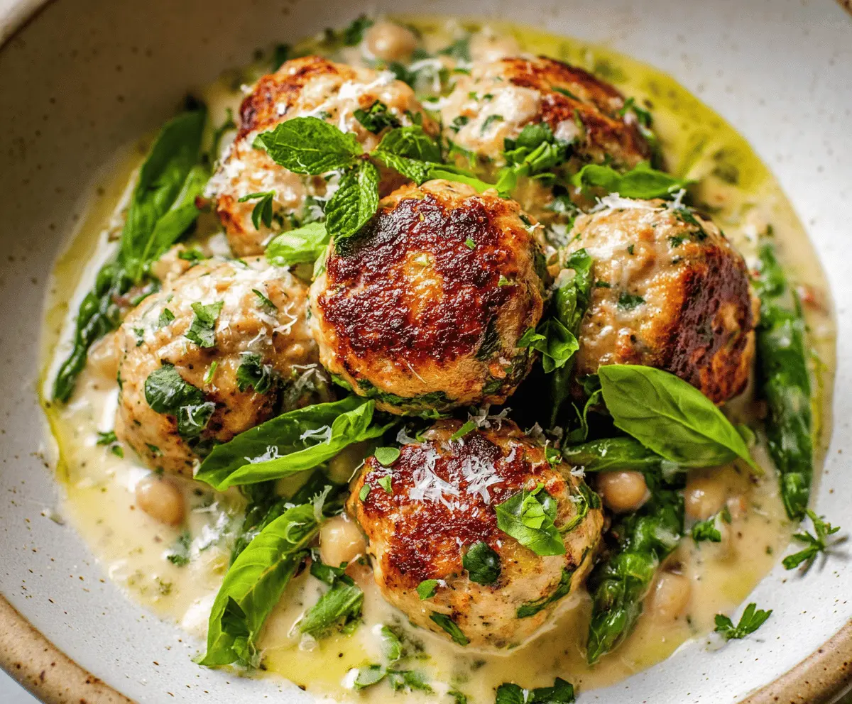 Delicious herby chicken and ricotta meatballs served on a plate with fresh herbs and tomato sauce, perfect for a flavorful and healthy meal.