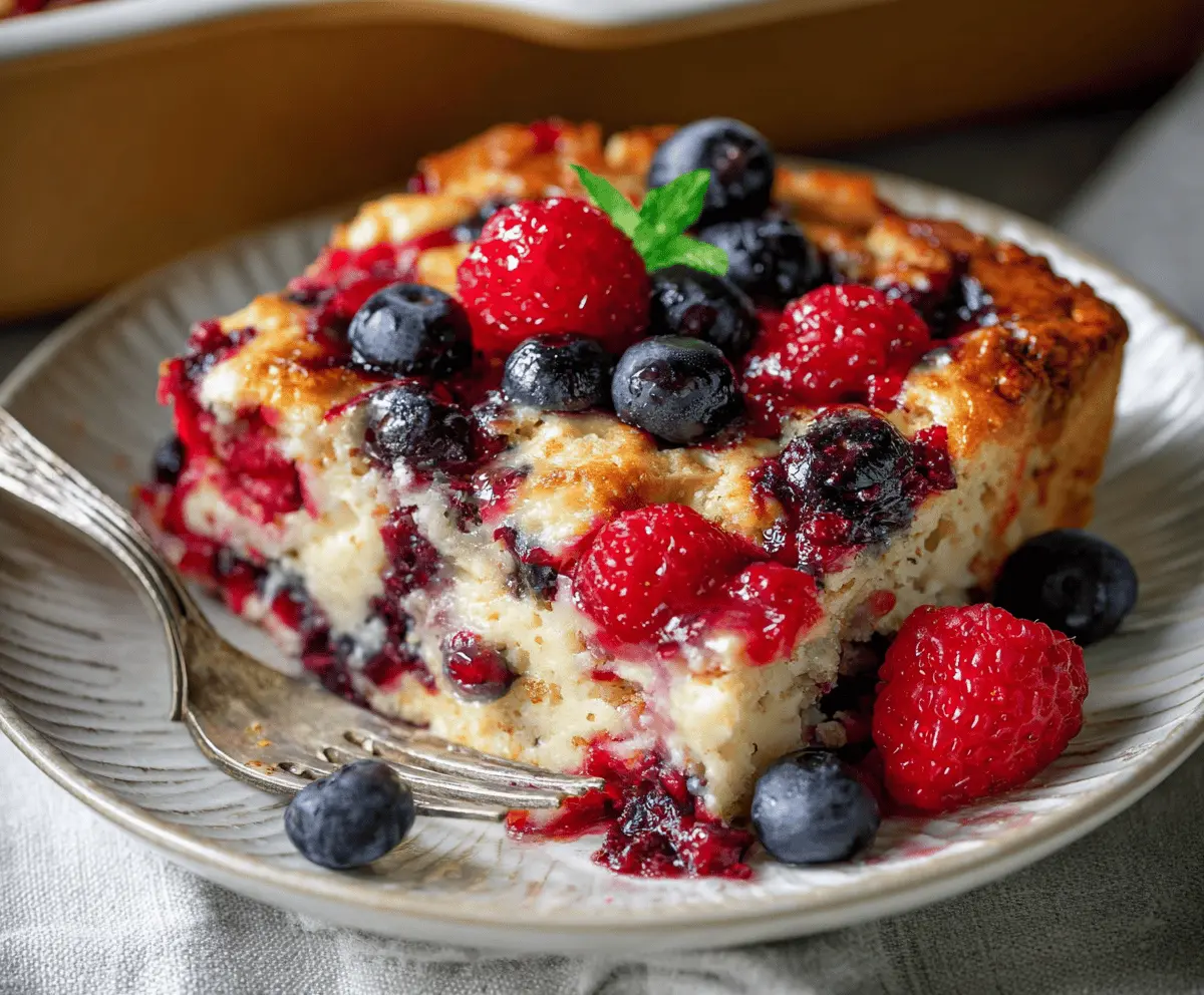 Delicious high-protein triple berry bake topped with fresh strawberries, blueberries, and raspberries, served in a baking dish for a healthy breakfast or snack