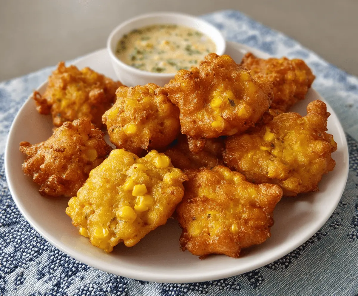 Delicious homemade corn fritters crispy golden-brown on a plate, served with fresh herbs and dipping sauce, perfect for breakfast or snack.