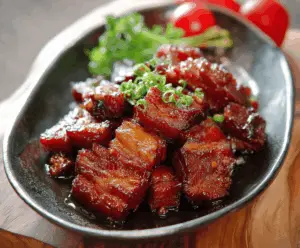 Delicious homemade Filipino pork tocino served on a plate, showcasing tender marinated pork slices with vibrant red glaze, perfect for breakfast or snacks.