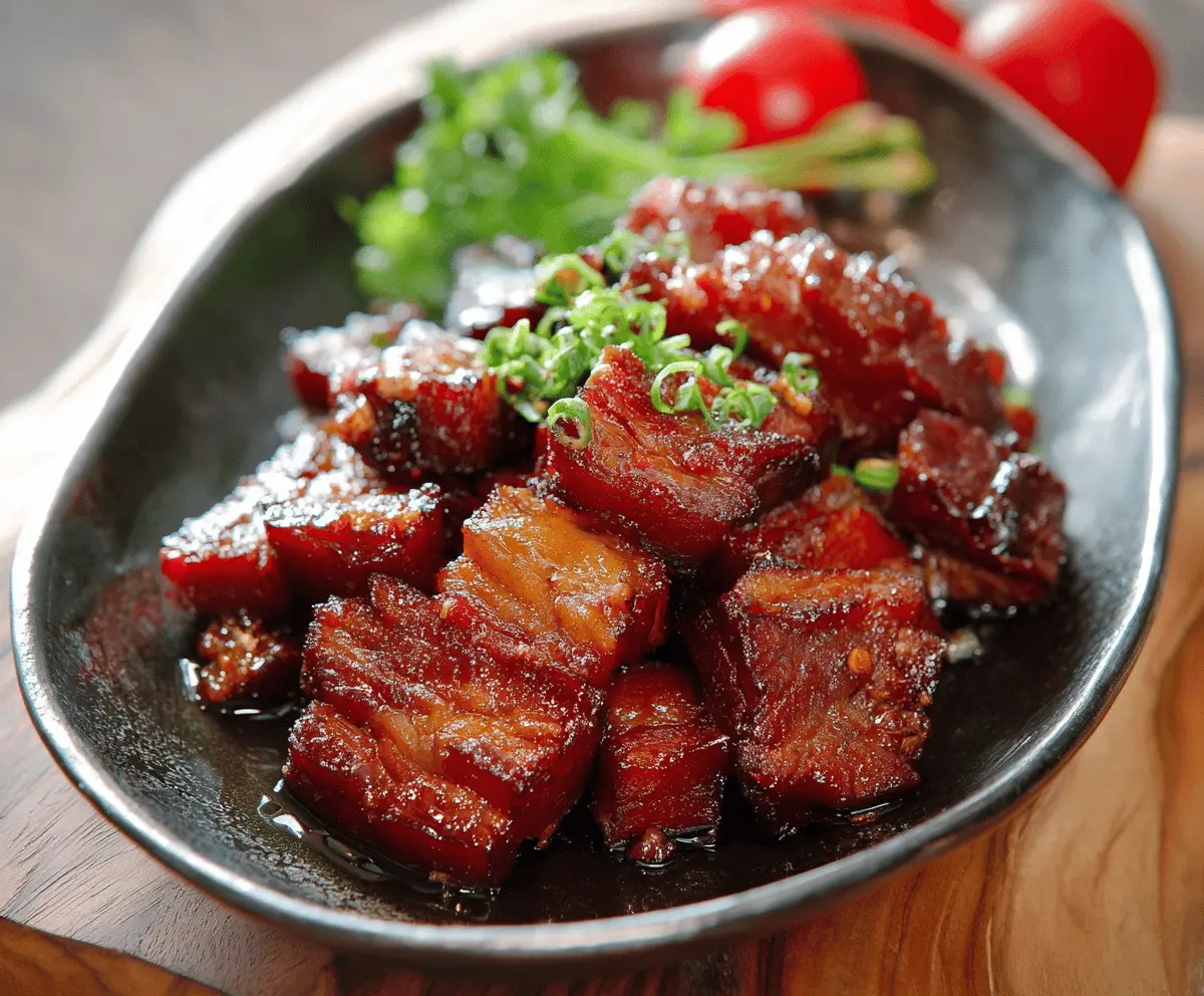 Delicious homemade Filipino pork tocino served on a plate, showcasing tender marinated pork slices with vibrant red glaze, perfect for breakfast or snacks.
