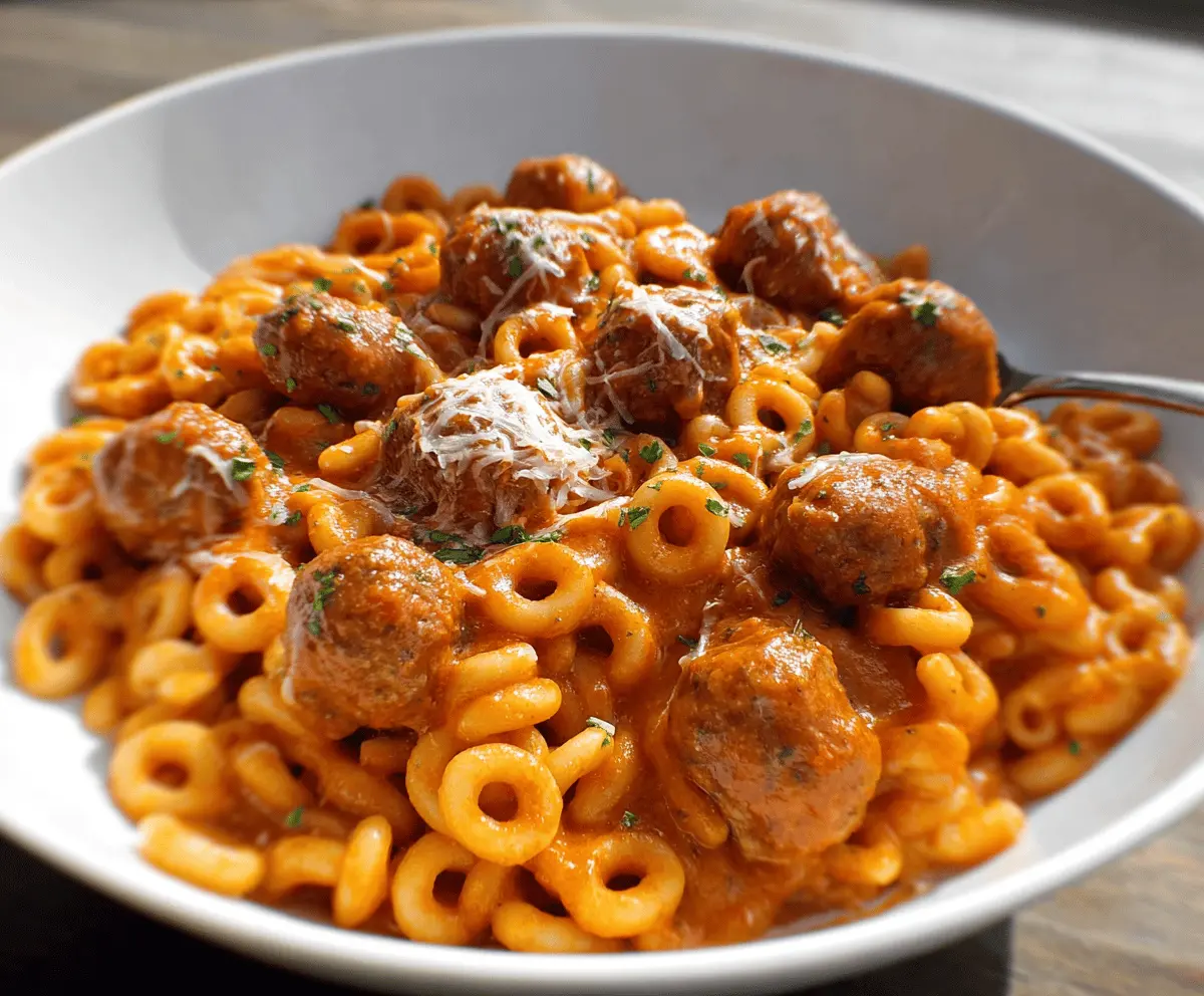 Homemade Spaghetti O's with Meatballs served in a white bowl, topped with grated cheese and fresh basil, on a rustic wooden table